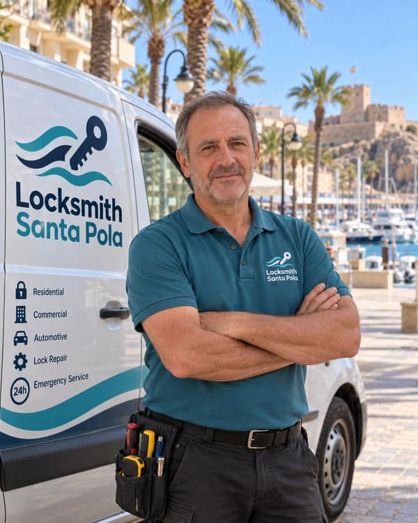 A man in a teal polo with a tool pouch on his belt stands with his arms folded beside a white van lettered Locksmith Santa Pola